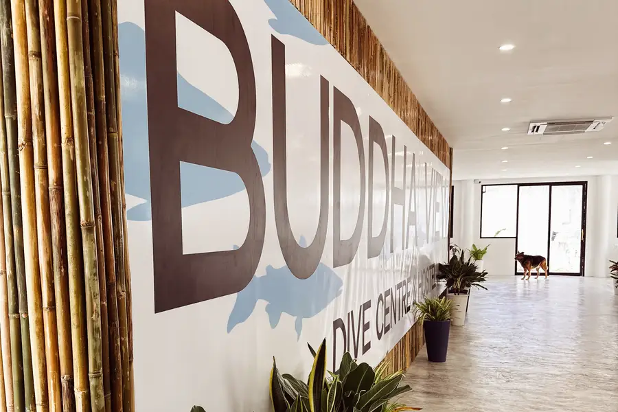 The painted Buddha View mural along the bamboo wall of the entrance hall